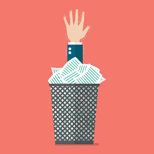 Hand under a lot of documents in the trash can Businessman under a lot of documents in the trash can. Flat style vector illustration trash can man stock illustrations