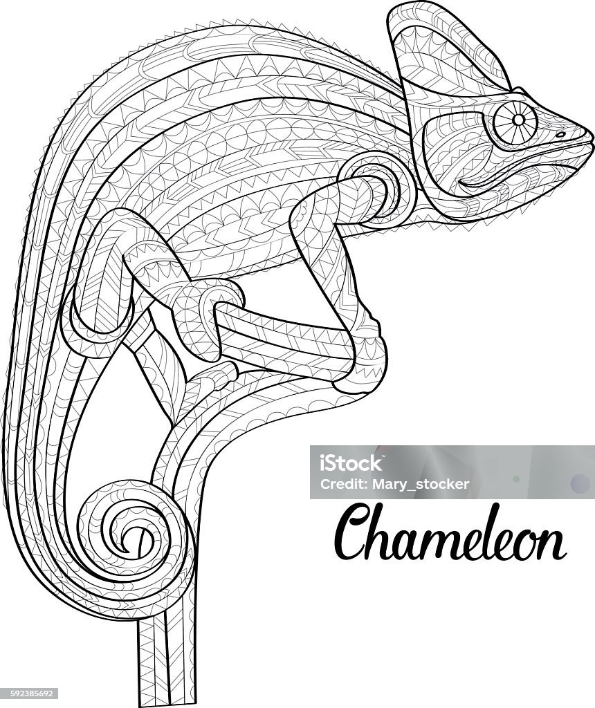 Hand drawn doodle outline chameleon illustration. Hand drawn doodle outline chameleon illustration. Decorative in African indian totem Ethnic tribal aztec design. Patterned fiery on the grunge background. Sketch for adult antistress coloring page. Abstract stock vector