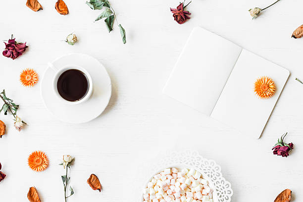 workspace with notebook, cup of coffee and autumn leaves - isolated on white breakfast cafe office imagens e fotografias de stock