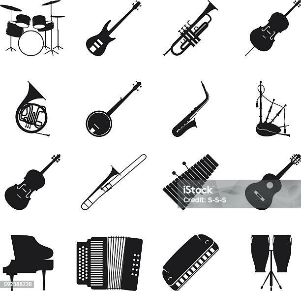 Jazzmusikinstrumentsilhouetten Stock Vektor Art und mehr Bilder von Musikinstrument - Musikinstrument, Banjo, Jazz