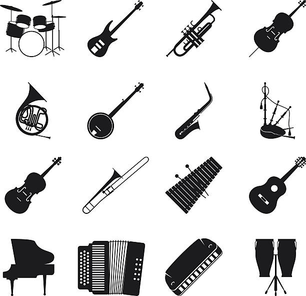 ilustrações, clipart, desenhos animados e ícones de silhuetas de instrumentos musicais de jazz - accordion harmonica musical instrument isolated