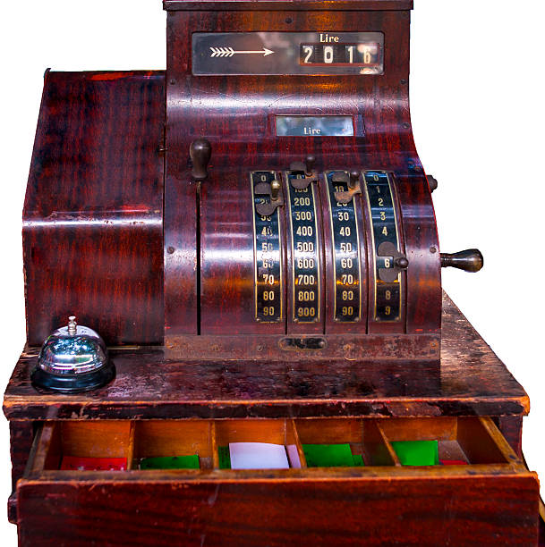 istock Old time cash register in a flea market 592389034