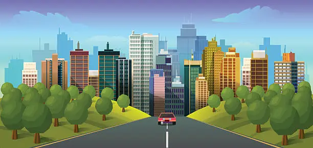 Vector illustration of Road through the countryside into the city