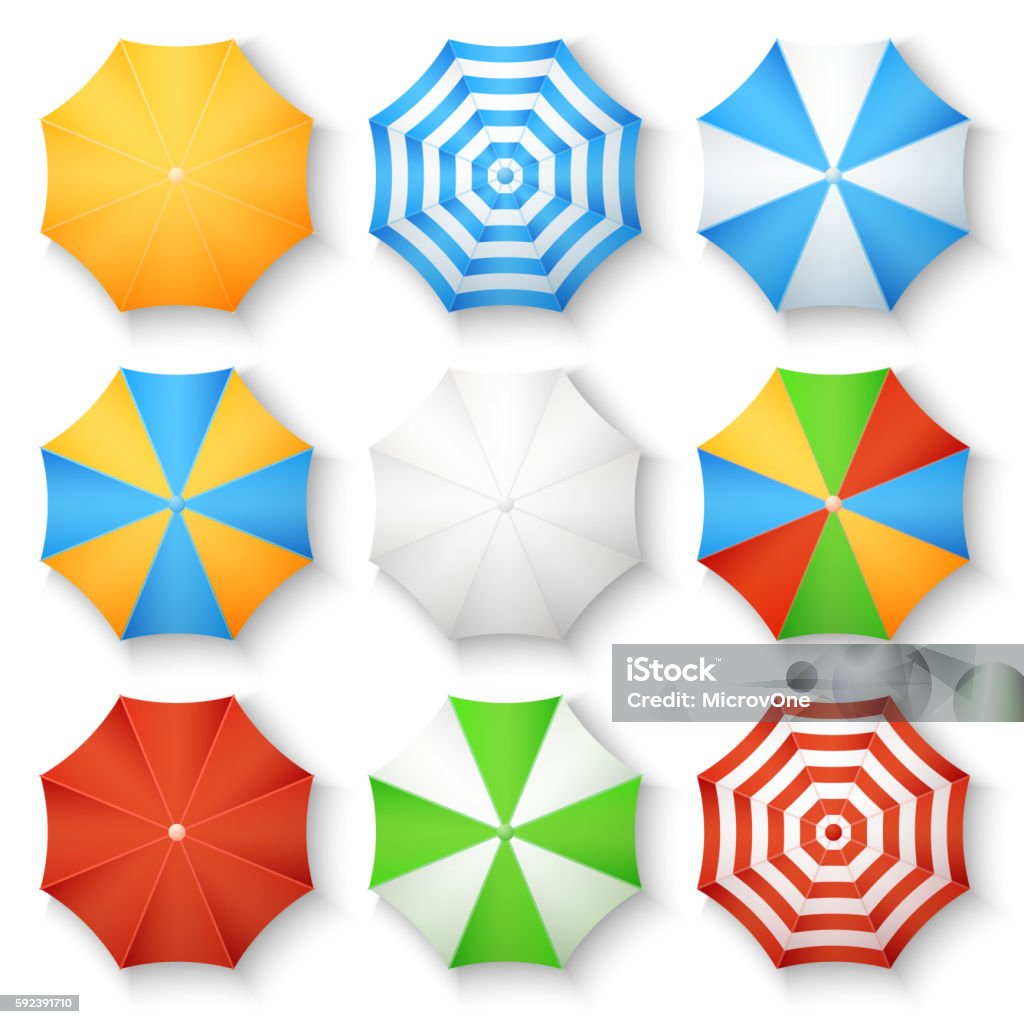 Beach sun umbrellas top view vector icons Beach sun umbrellas top view vector icons. Set of parasol with colored striped pattern illustration On Top Of stock vector