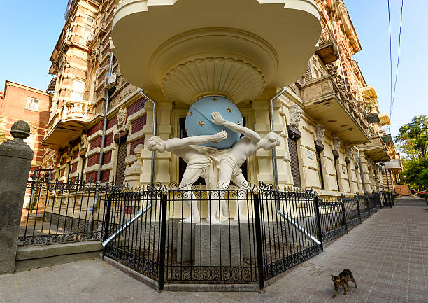 Odessa, Ukraine – July 25, 2016: Faltz-Fein House. Beautiful  house with the Atlanteans in Odessa, Ukraine. Built in 1899