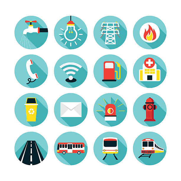 Public Utility Icons Flat Set Water Supply, Electricity, Fuel, Road and Transport public utility stock illustrations