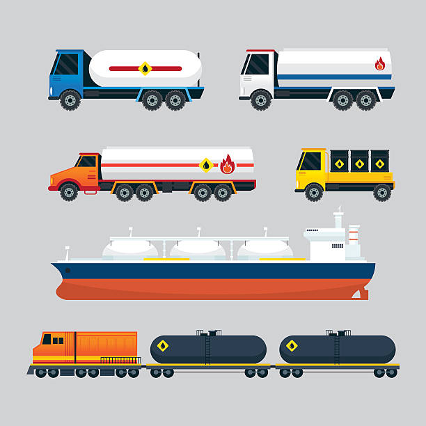 illustrazioni stock, clip art, cartoni animati e icone di tendenza di veicoli dell'industria petrolifera, set di trasporto - petroliera nave cisterna