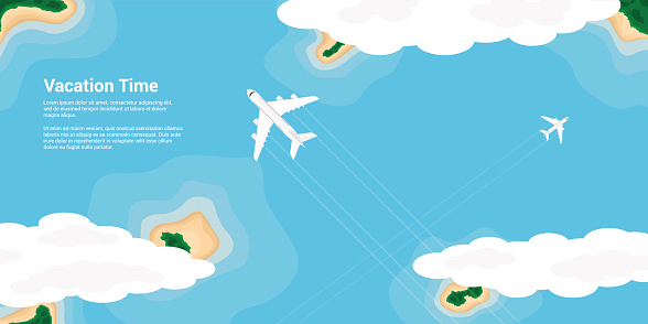 picture of a civilian planes flying above the islands, flat style illustration, banner for business, website etc., traveling, vacation, around the world concept