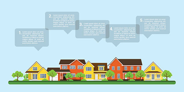 small town infographic picture of private houses with speech bubbles, real estate infographic template construction company brochure template stock illustrations