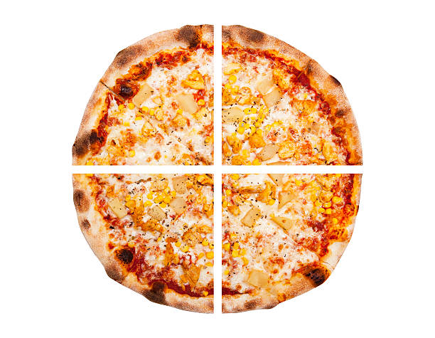 istock Four pieces of pizza isolated on the white background 592394930