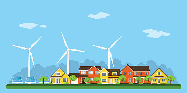 eco city banner green eco city with privat houses, panel houses, wind turbines and solar panels, flat style concept for renewable energy and eco technologies construction company brochure template stock illustrations