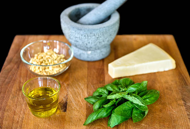 Making of homemade pesto Genovese with all ingredients.