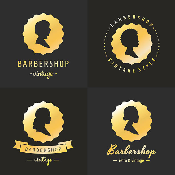 gold barbershop profile vintage logo vektor-set. teil eins. - afro women african descent silhouette stock-grafiken, -clipart, -cartoons und -symbole