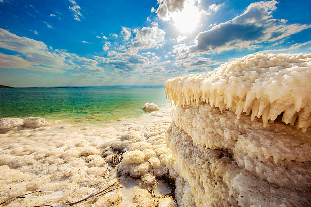 Dead Sea Salt wide angle shot of the sea salt - the dead sea dead sea stock pictures, royalty-free photos & images