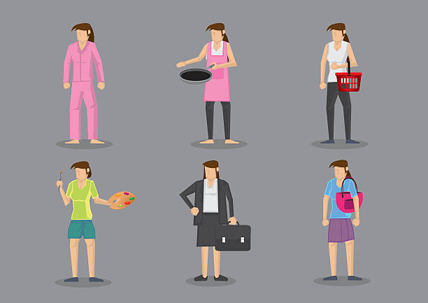 Woman in Different Outfits for Different Roles and Responsibilit Woman wearing different outfits for different roles. Set of six vector illustration in cartoon style isolated on grey background. holding shopping basket stock illustrations