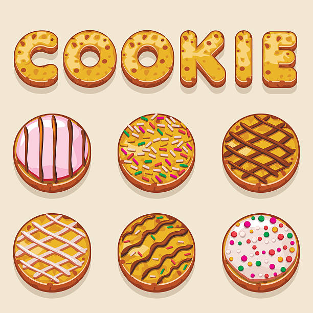 cartoon cookie, biskvit vektor lebensmittel buchstaben - shortbread caramel chocolate candy biscuit stock-grafiken, -clipart, -cartoons und -symbole