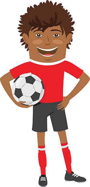 ilustraciones, imágenes clip art, dibujos animados e iconos de stock de divertido jugador de fútbol americano afroamericano con t-shir rojo - american football sports uniform football white background