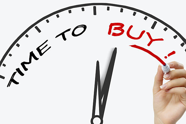 istock Hand writing time to buy concept with red marker on 592404492