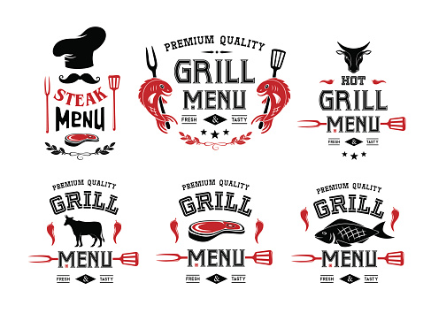 Grill and steak menu labels, badges, stickers, logos and design elements. Set of vector templates isolated on white background.