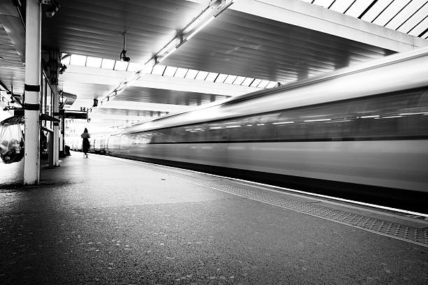 istock Metro station with blured subway car 592405980