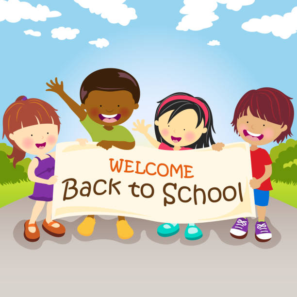 Kids Welcoming Back to School Multi-Ethnic kids holding banner to welcoming student back to school.. multicultural children stock illustrations