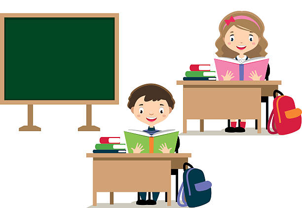 Back to school Cute little smiling schoolchildren reading books. kids classroomv stock illustrations