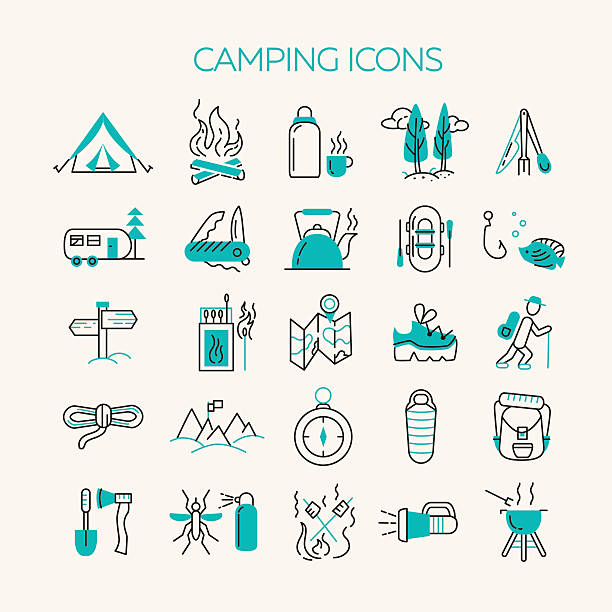 ilustrações de stock, clip art, desenhos animados e ícones de cmping and tourism icons - sign camera travel hiking