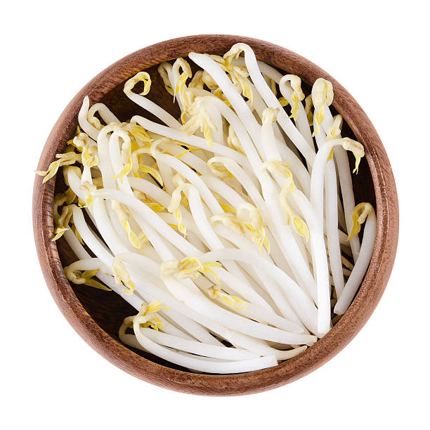 Mung bean sprouts in a bowl on white background