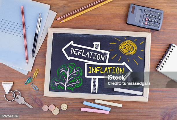 Deflation Inflation Signpost Drawn On A Blackboard Stock Photo - Download Image Now