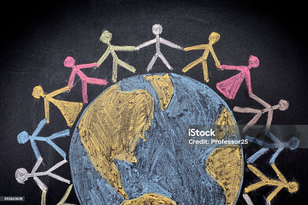 Group of people around the world Group of people around the world. Chalk drawing. Globe - Navigational Equipment Stock Photo