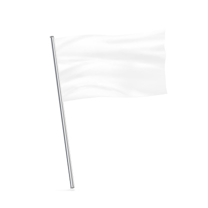 Blank white flag mock up stand at white background isolated. Large wavy flagpole mockup ready for business logo design presentation. Surrender symbol empty banner. Clear standart sign.