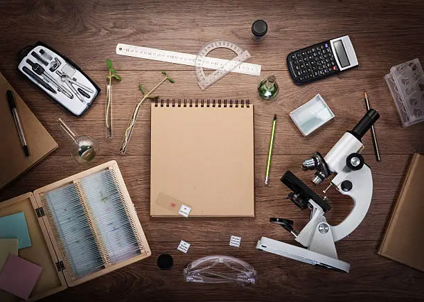 Photo of Scientific accessories on the table.