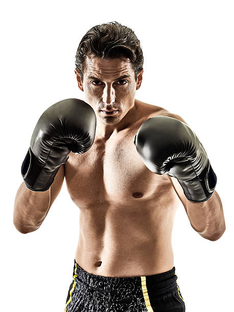 Muay Thai kickboxing kickboxer boxing man isolated one caucasian Muay Thai kickboxing kickboxer thai boxing man isolated on white background boxing stock pictures, royalty-free photos & images