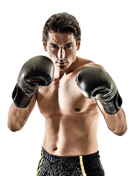 Muay Thai kickboxing kickboxer boxing man isolated one caucasian Muay Thai kickboxing kickboxer thai boxing man isolated on white background boxer stock pictures, royalty-free photos & images