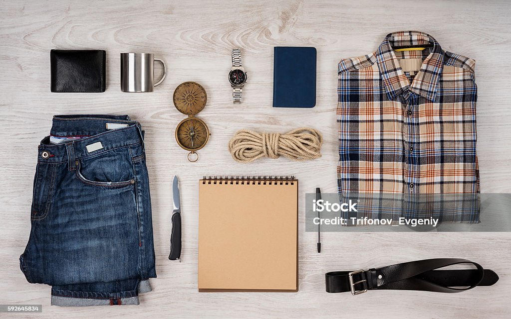 objects hipster clothes and accessories on a wooden background Men Stock Photo