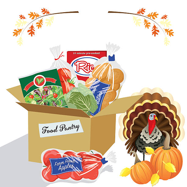 Food Bank Donation Concept Paper bag filled with groceries to donate to a local food bank. Ideal for a local food drive. holiday food drive stock illustrations