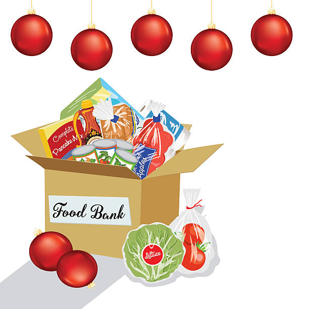 Food Bank Donation Concept Paper bag filled with groceries to donate to a local food bank. Ideal for a local food drive. holiday food drive stock illustrations