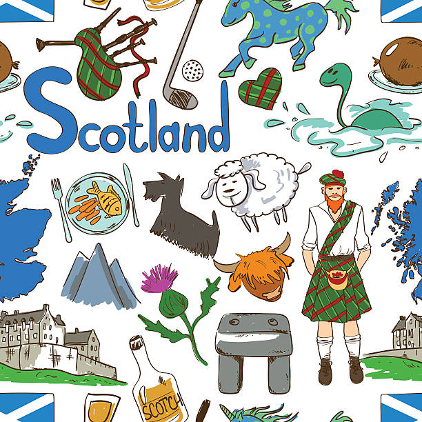 Colorful Scotland Seamless Pattern. Fun colorful sketch Scottish seamless pattern on a white background. Travel concept of Scotland symbols and association. haggis stock illustrations