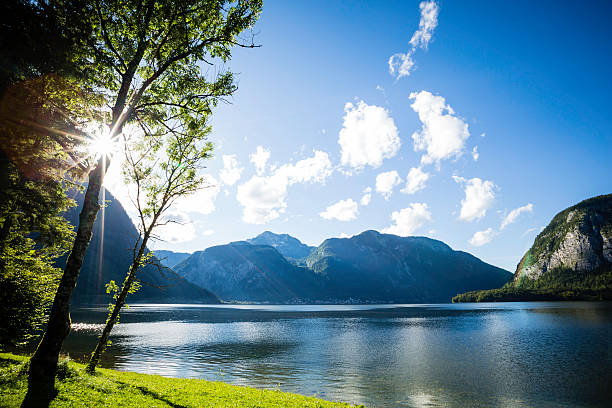 istock panoramic view of mountain lake at sunset 592649830