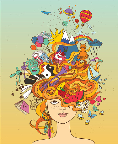 Portrait of young beautiful girl with crazy psychedelic red hair and her dreams, wishes, hobbies - lifestyle concept.