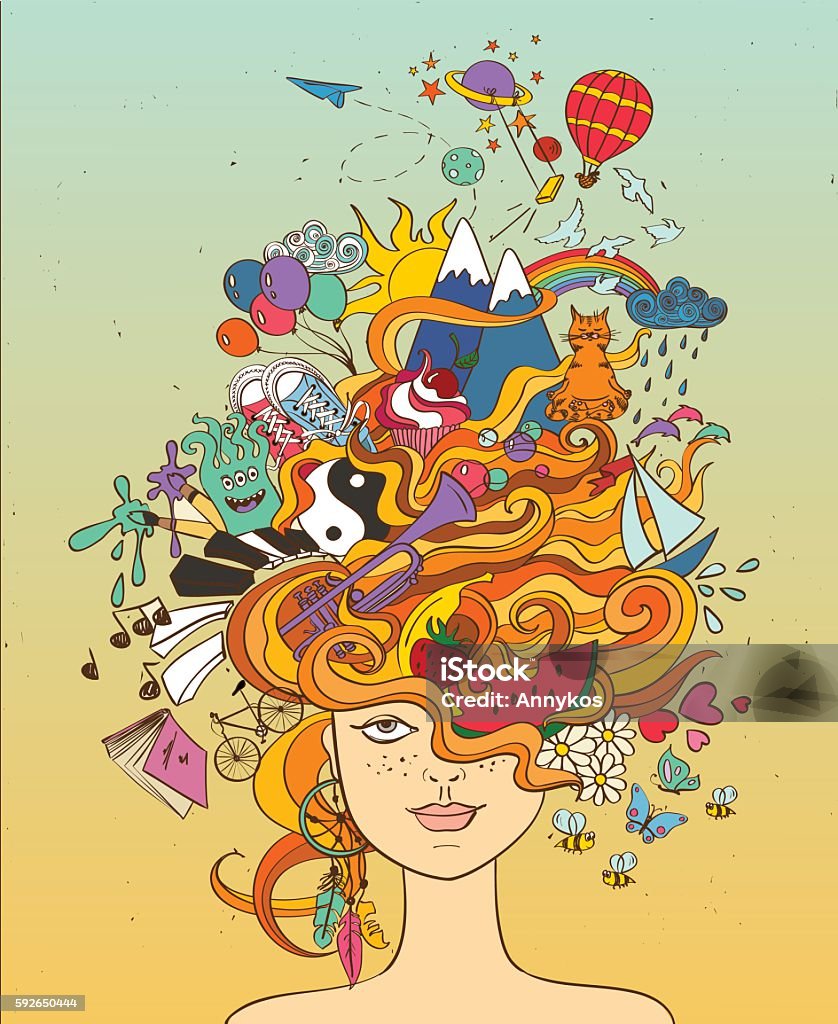 Girl's Portrait With Crazy Hair - Lifestyle Concept. Portrait of young beautiful girl with crazy psychedelic red hair and her dreams, wishes, hobbies - lifestyle concept. Art stock vector