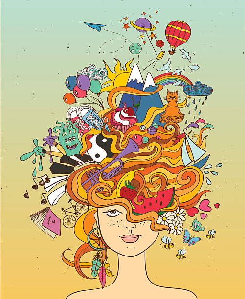 Girl's Portrait With Crazy Hair - Lifestyle Concept. Portrait of young beautiful girl with crazy psychedelic red hair and her dreams, wishes, hobbies - lifestyle concept. organ music instrument drawing stock illustrations