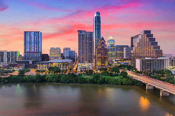 skyline von austin, texas - standing water pond bird nature stock-fotos und bilder