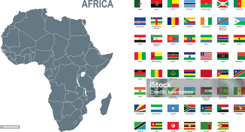 Серая карта Африки с флагом на белом фоне - Векторная графика Африка роялти-фри