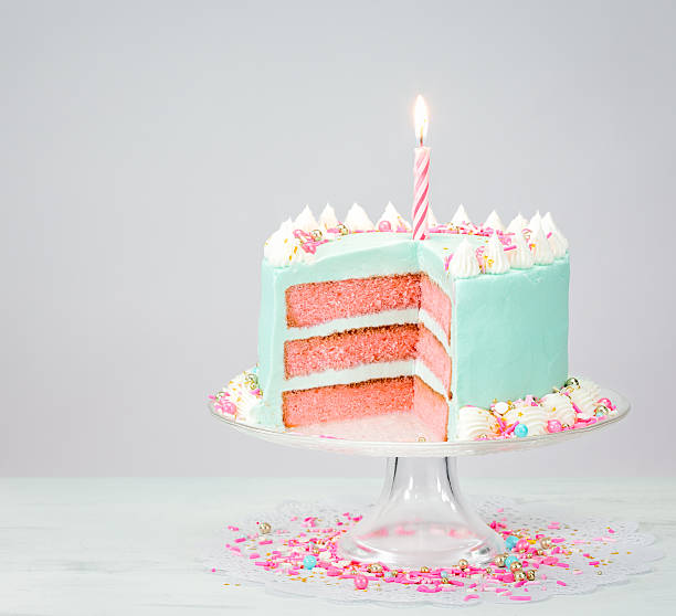 istock Blue Birthday Cake with Pink Layers 592653062