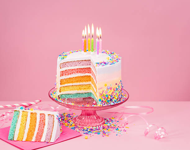 istock Colorful Birthday Cake over pink 592653102