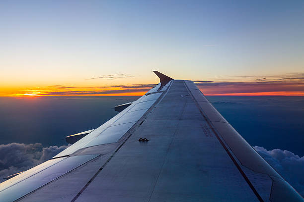 istock Wing of an airplane in the sunset 592653294