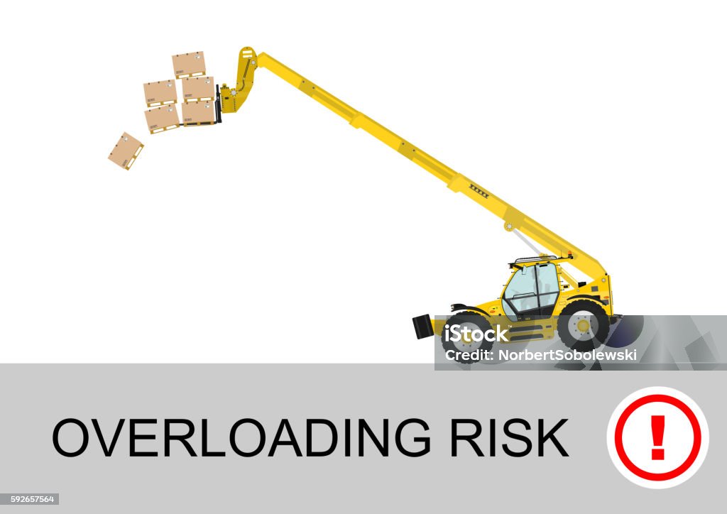 Overloading risk Tip over risk. Non rotating telescopic handler (forklift) on a white background. Flat vector Agricultural Machinery stock illustration