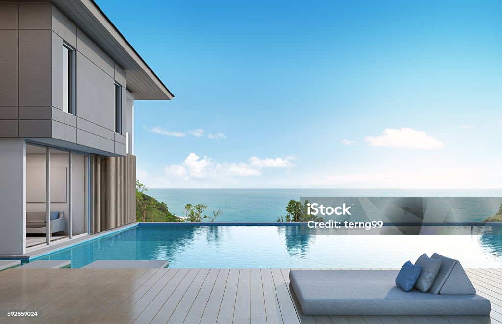 sea view house with pool in modern design 3d rendering of building and swimming pool Swimming Pool Stock Photo