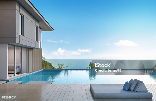 Sea View House With Pool In Modern Design Stock Photo - Download Image Now - Swimming Pool, Rooftop, Sea